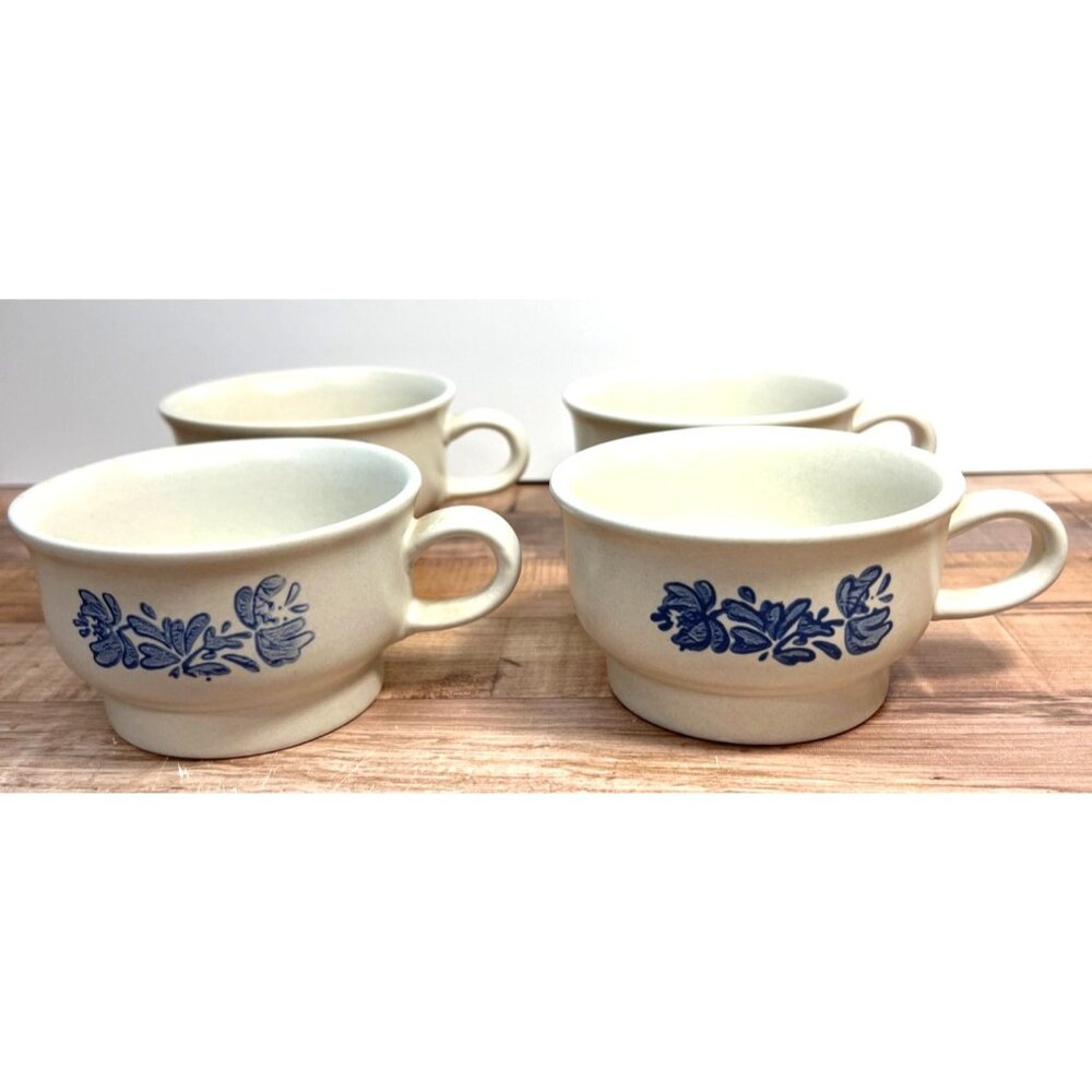 Vintage Pflatzgraff Stoneware Soup Mugs Set Of 4 With Blue Floral Design